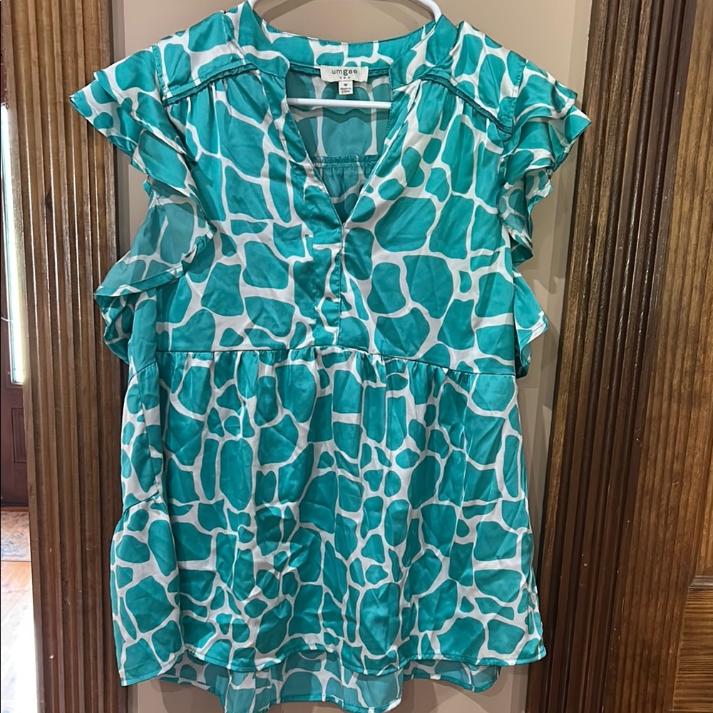 Umgee Blue Ruffled Blouse Relaxed Fit